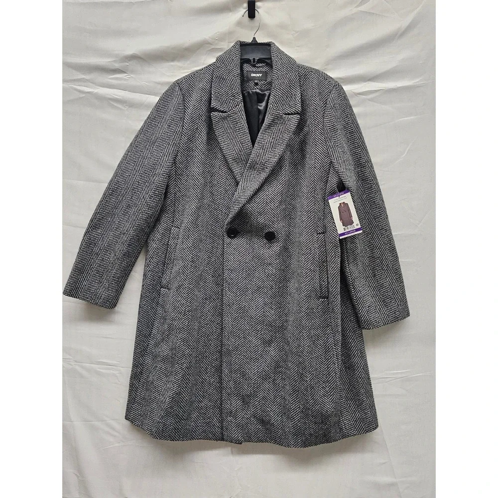 DKNY Womens Herringbone Coat Black Polyester Blend Casual Size 2XL